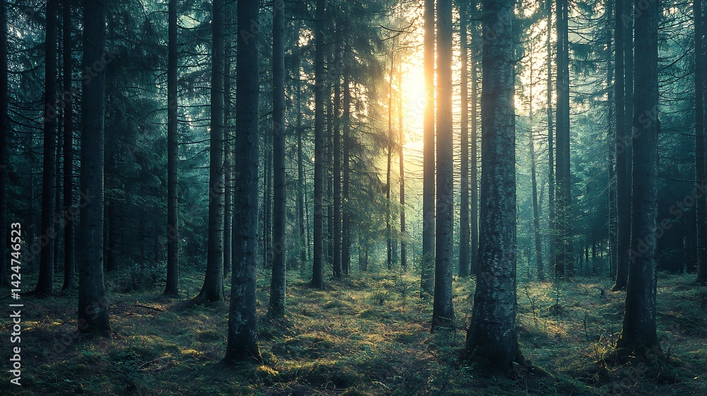 Fototapeta premium Sunrise in Misty Pine Forest.