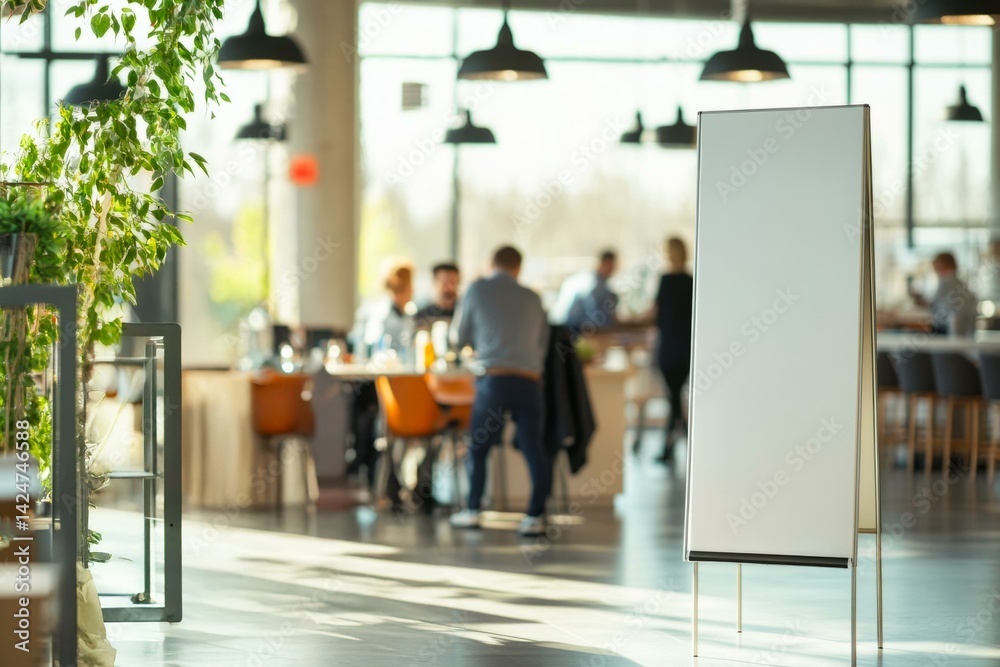 Mockup of blank pull-up banner in vibrant cafe setting with natural lighting and patrons in background Mockup of blank pull-up banner in vibrant cafe setting with natural lighting and patrons in background