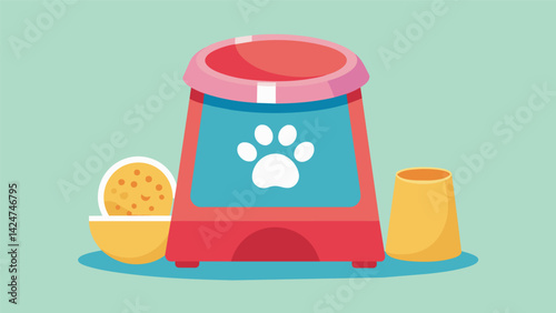 A pet feeder designed with senior pets in mind dispensing soft or wet food for those with dental issues or trouble swallowing.. Vector illustration