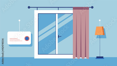 Remotecontrolled curtains and blinds that can be programmed to open or close during the day to keep pets from becoming overheated in direct sunlight.. Vector illustration