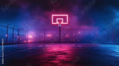 Neon basketball hoop at night