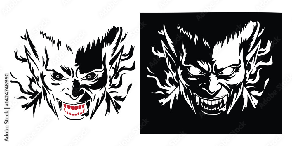 Obraz premium Intense Demon Face in Striking Black and White Contrast