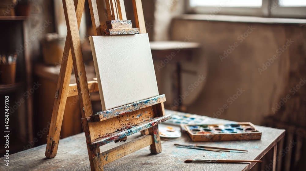 Blank canvas for oil painting in cozy art studio