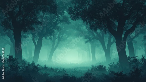 Mystical forest path, fog, trees, background, fantasy game art