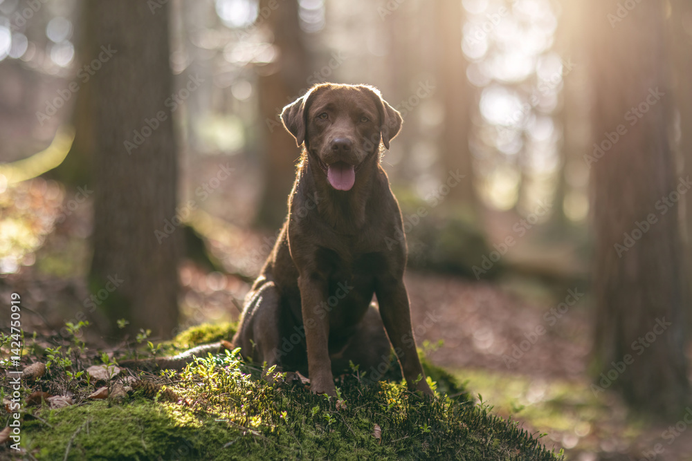 Portrait of a female labrador retriever dog in a forest in spring outdoors