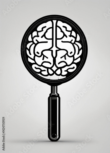 A black magnifying glass reveals a detailed brain illustration.