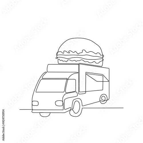 One continuous line drawing of Food and drink truck vector illustration. Food and drink themes design concept in simple linear style. Burger truck food for your asset design and educational.