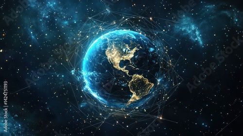 Earth Connected by Network of Lines with City Lights and Stars in the Background