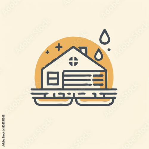 Line art illustration depicting a house with water damage to its foundation
