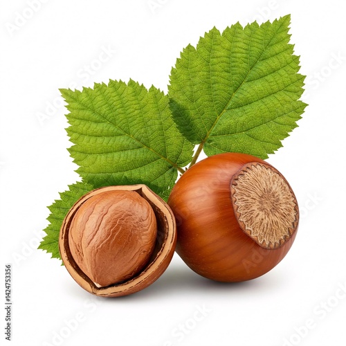 Hazelnuts with leaves, isolated on white background.