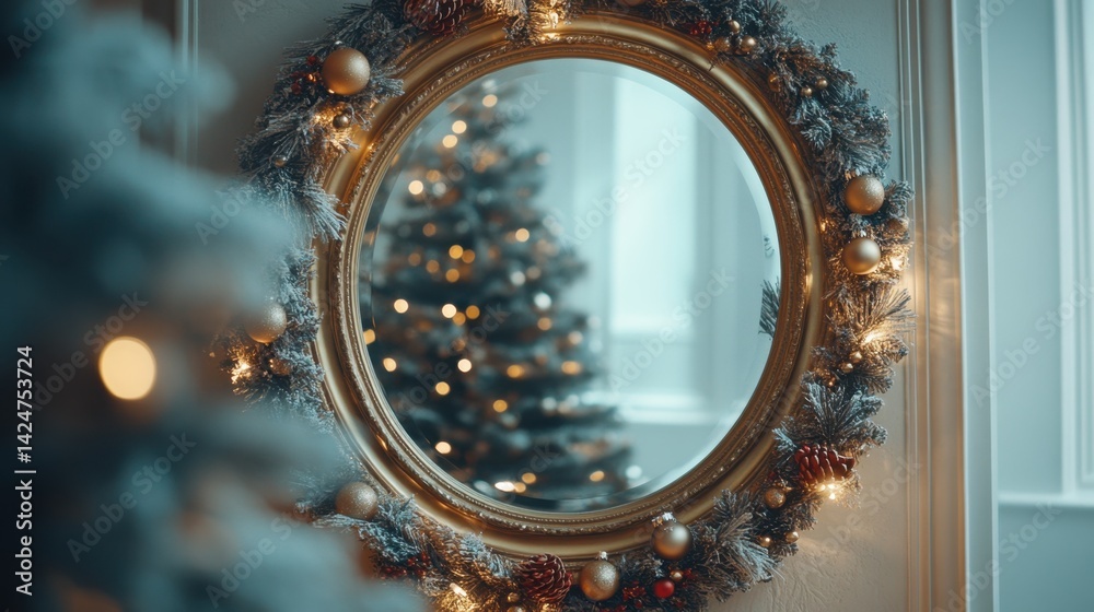 Obraz premium Christmas garland framing a mirror with hanging ornaments and fairy lights in the reflection