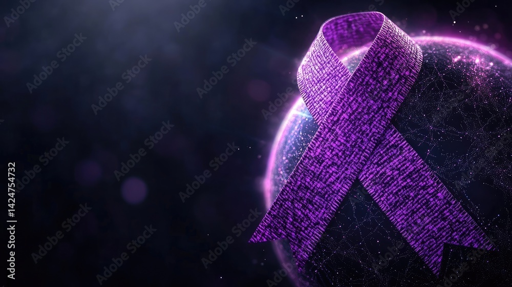 World Cancer Day awareness design with a purple ribbon and globe illustration.