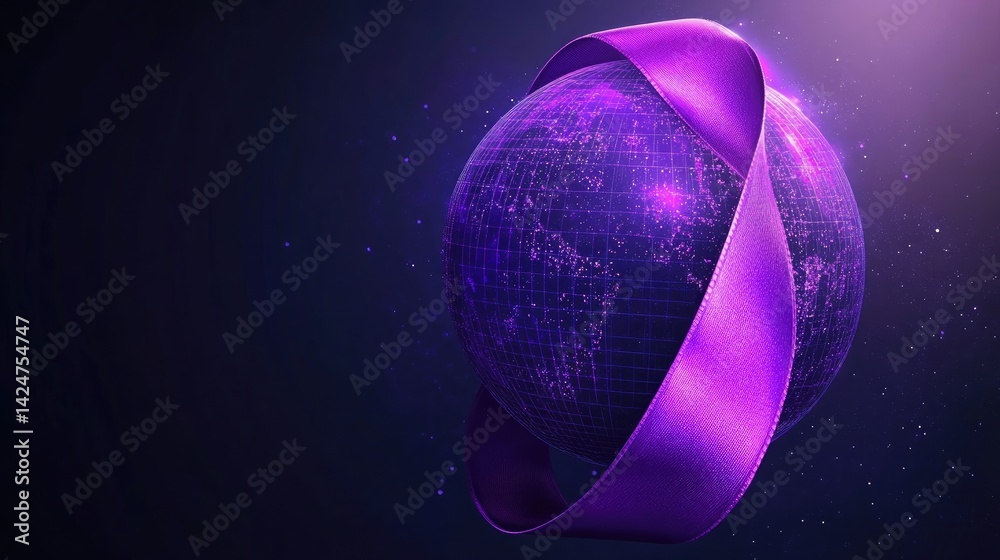 World Cancer Day awareness design with a purple ribbon and globe illustration.