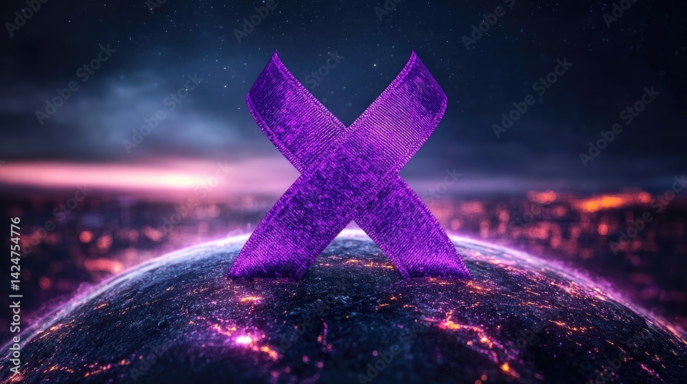 World Cancer Day awareness design with a purple ribbon and globe illustration.