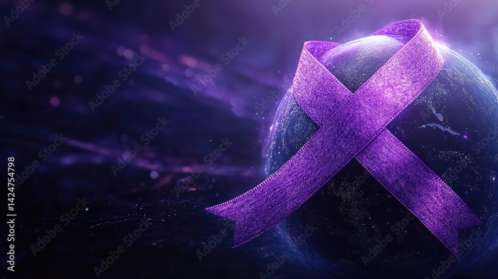 World Cancer Day awareness design with a purple ribbon and globe illustration.