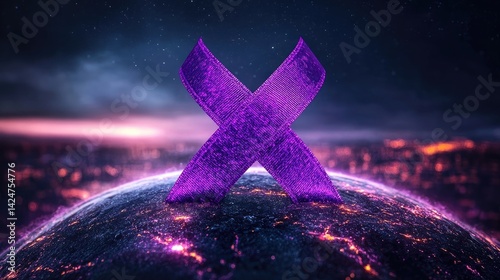 Obraz na płótnie World Cancer Day awareness design with a purple ribbon and globe illustration. w salonie