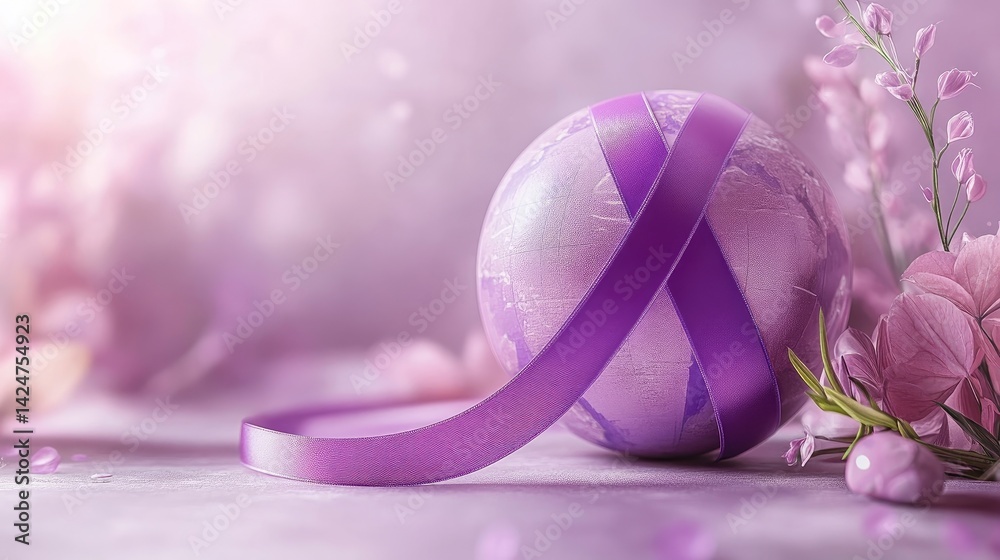 World Cancer Day awareness design with a purple ribbon and globe illustration.