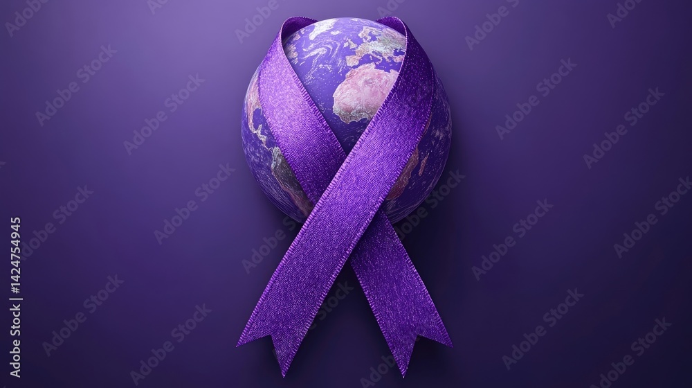 World Cancer Day awareness design with a purple ribbon and globe illustration.