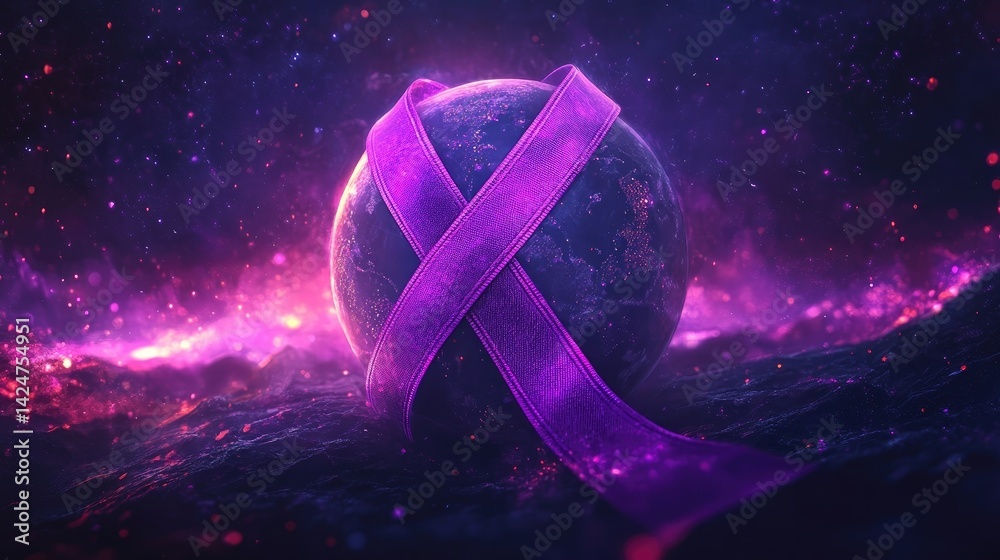 World Cancer Day awareness design with a purple ribbon and globe illustration.