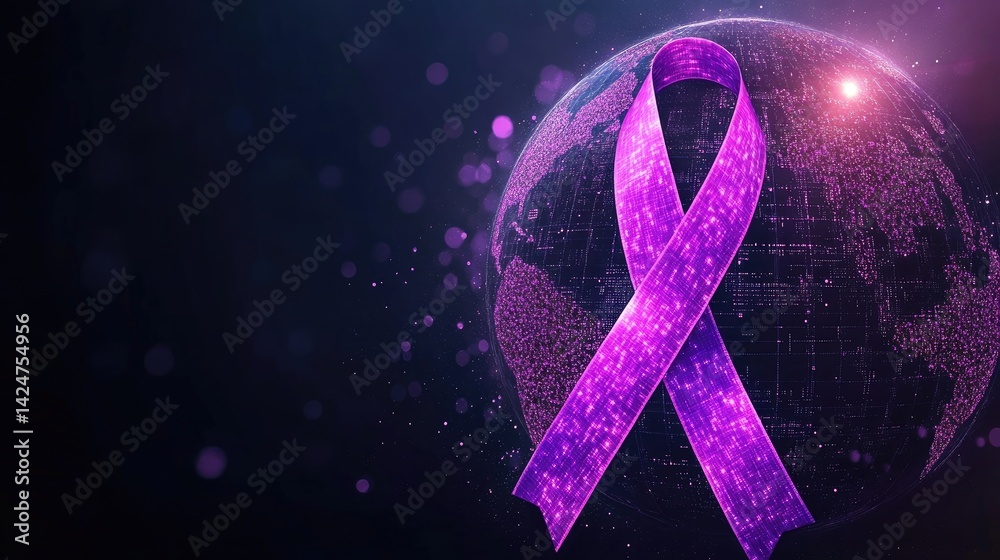 World Cancer Day awareness design with a purple ribbon and globe illustration.