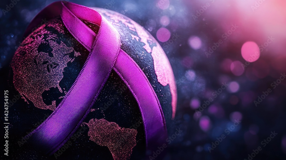 World Cancer Day awareness design with a purple ribbon and globe illustration.