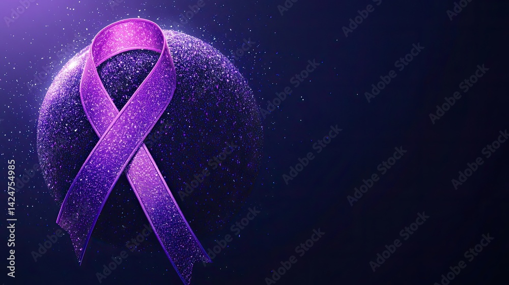 World Cancer Day awareness design with a purple ribbon and globe illustration.