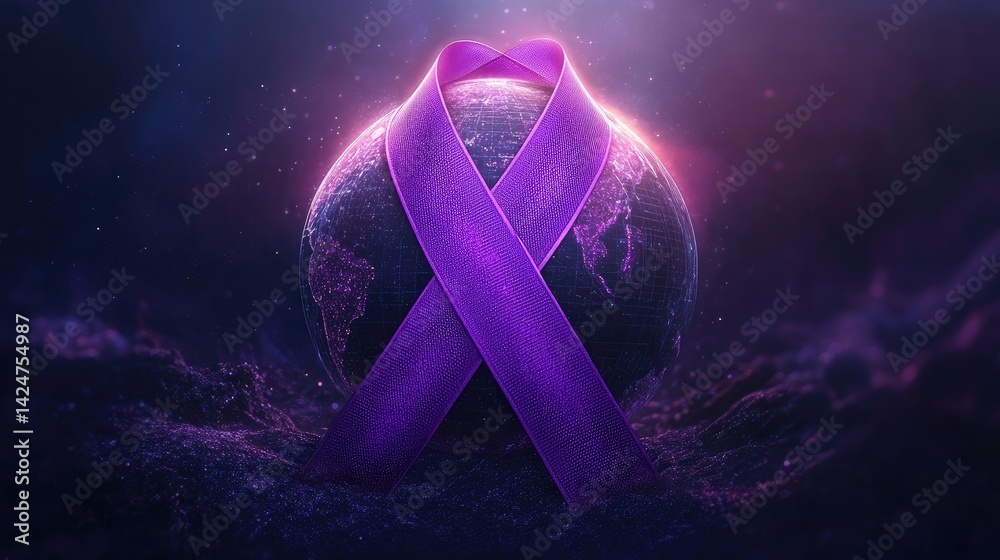 World Cancer Day awareness design with a purple ribbon and globe illustration.