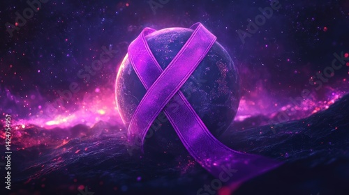 World Cancer Day awareness design with a purple ribbon and globe illustration.