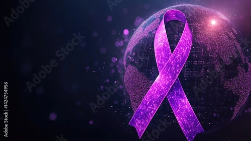 Obraz na płótnie World Cancer Day awareness design with a purple ribbon and globe illustration. w salonie