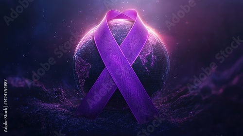 Obraz na płótnie World Cancer Day awareness design with a purple ribbon and globe illustration. w salonie