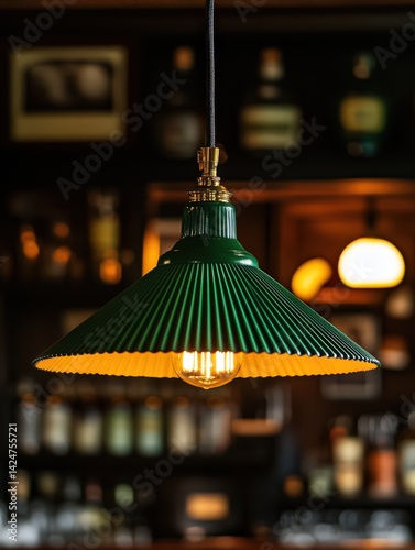 Bright light filters through the green ribbed lampshade casting a cozy atmosphere in an old fashioned bar filled with various bottles. A perfect blend of nostalgia and warmth invites relaxation