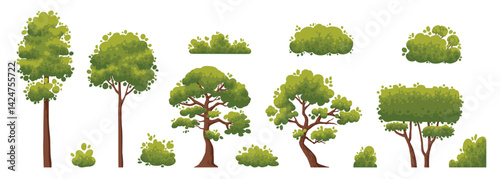 Cartoon trees and bushes. Green plants with flowers for vegetation spring backyard landscape wood plant foliage. Nature forest lumber tree park and garden hedge bush vector isolated icon set on white