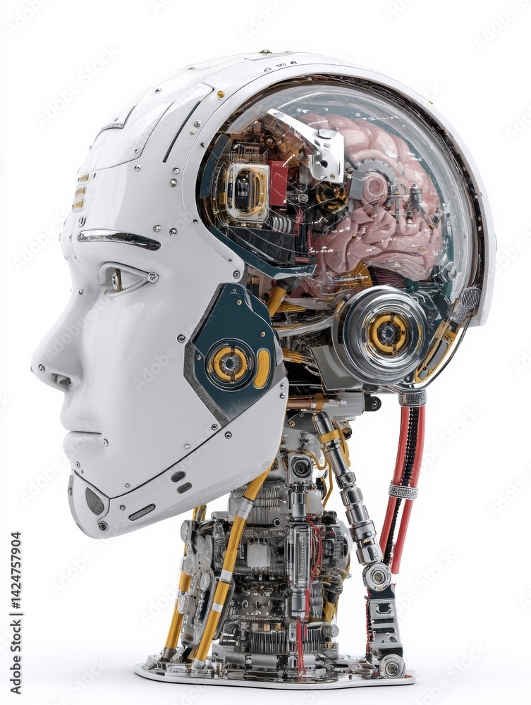 Fototapeta premium Innovative AI Robot Head With Intricate Digital Brain Engine Showcased on a Clean White Background