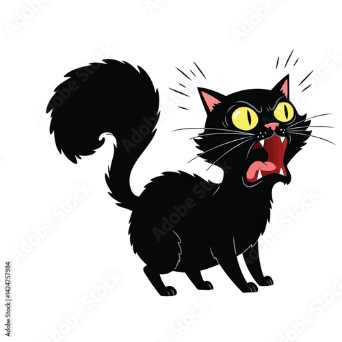 Cartoon illustration of an angry black cat with yellow eyes, hissing.