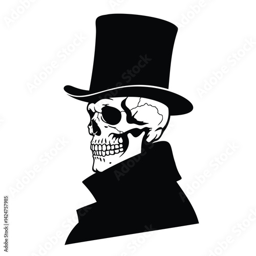 Black and white illustration of a skull wearing a top hat and coat.