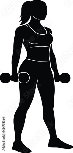 Black silhouette of a woman in workout clothes holding dumbbells.