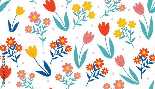 Beautiful seamless floral pattern with Tulips and other flowers. Spring girlish wrapping paper with flowers and dots in cartoon flat style.