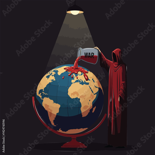 Illustration of a hooded figure pouring red liquid labeled "WAR" onto a globe under a spotlight.