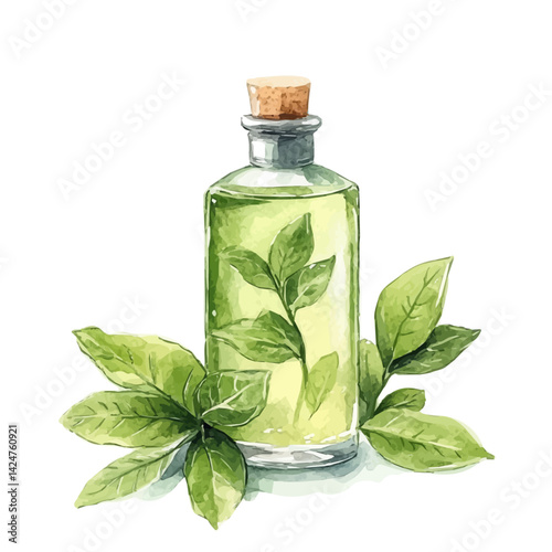 Skincare toner bottle with natural ingredients, watercolor illustration, isolated on a white background.


