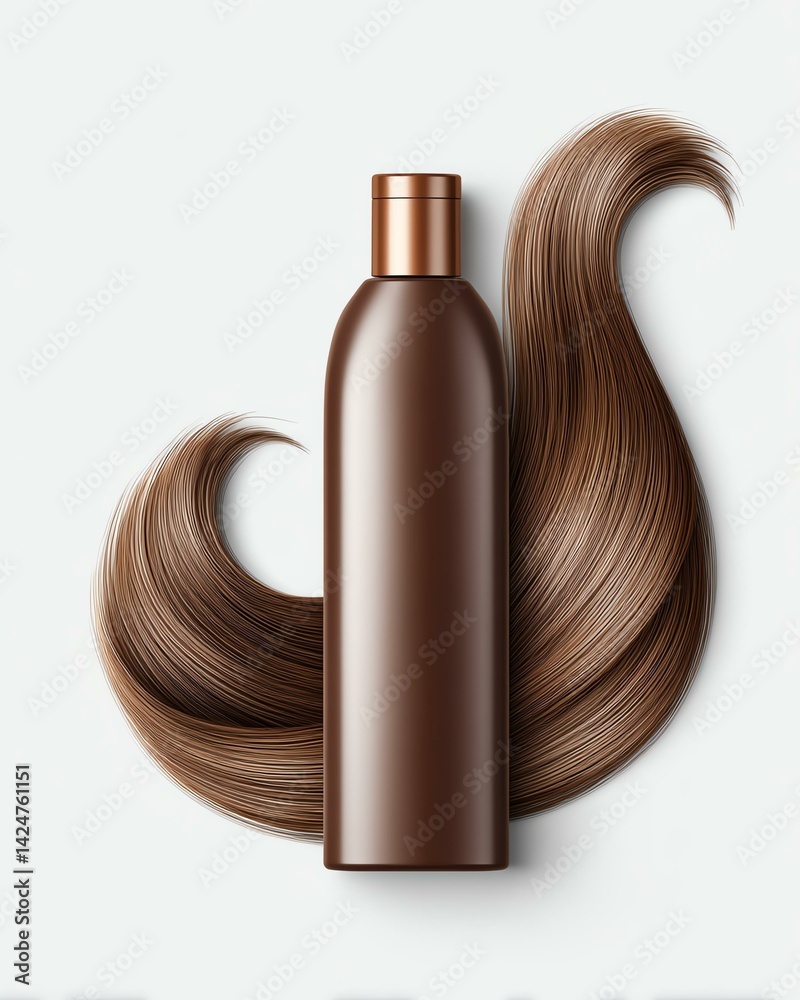 Naklejka premium Elegant Brown Bottle with Smooth Hair Flowing from It on a Light Background