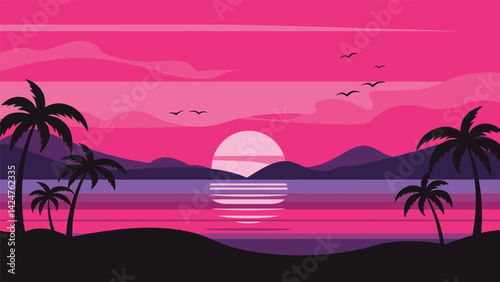 Illustration of a tropical beach scene with palm trees, ocean, mountains, and a pink and purple sunset.