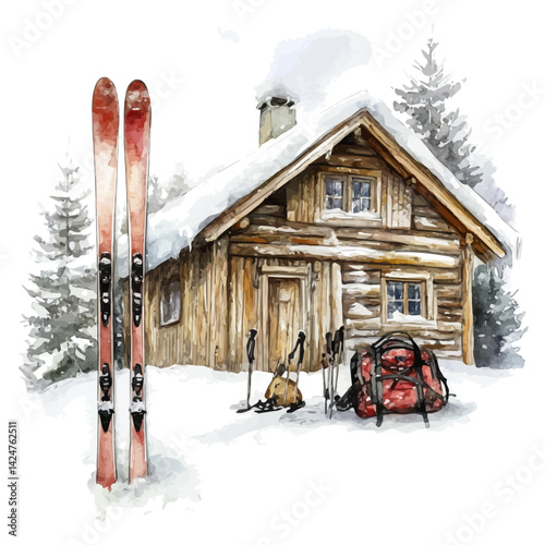 Skiing gear propped beside a chalet, watercolor illustration, isolated on a white background.

