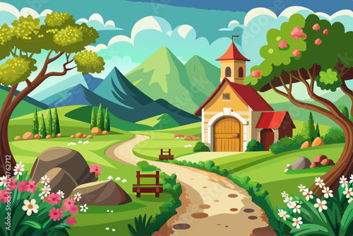 vector of A rural landscape in spring with a beautiful green entrance to the village