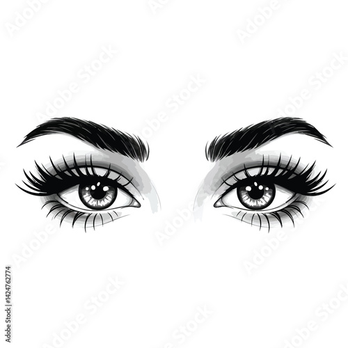 Illustration of a pair of eyes with long eyelashes and defined eyebrows.