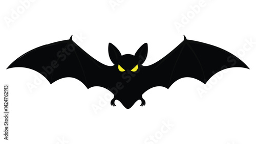 Black silhouette of a bat with glowing yellow eyes on a white background.