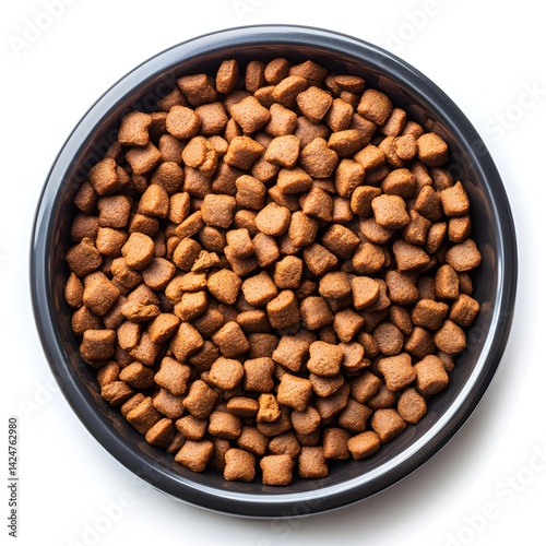 A dark gray bowl filled with crunchy brown dog food kibble sits on a white background ready for a hungry pet.