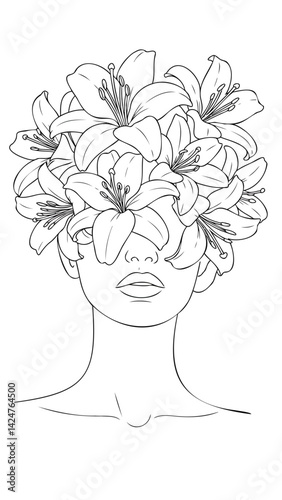 Line art illustration of a person's head and shoulders covered in lily flowers.