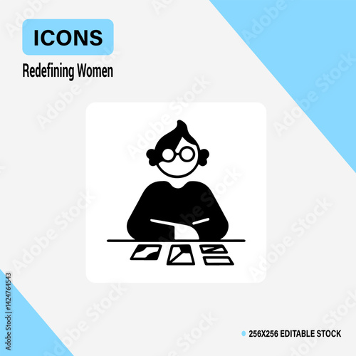 The Iconic Woman's Study: A minimalistic graphic presents a person engrossed in study at a table, symbolizing intellectual pursuits and female empowerment.