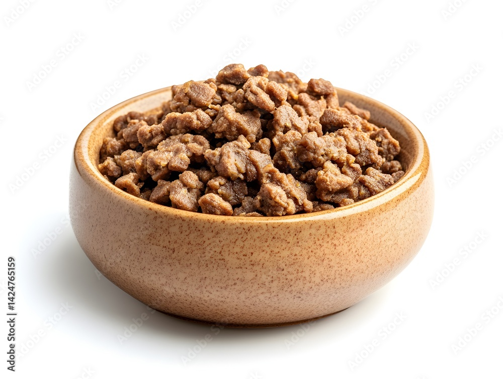A small brown bowl filled with crumbled, textured, and browned vegan meat substitute sits on a white background. A small brown bowl filled with crumbled, textured, and browned vegan meat substitute sits on a white background.