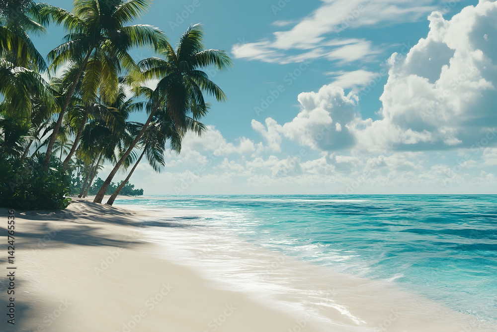 Obraz premium Tropical beach paradise with swaying palm trees.
